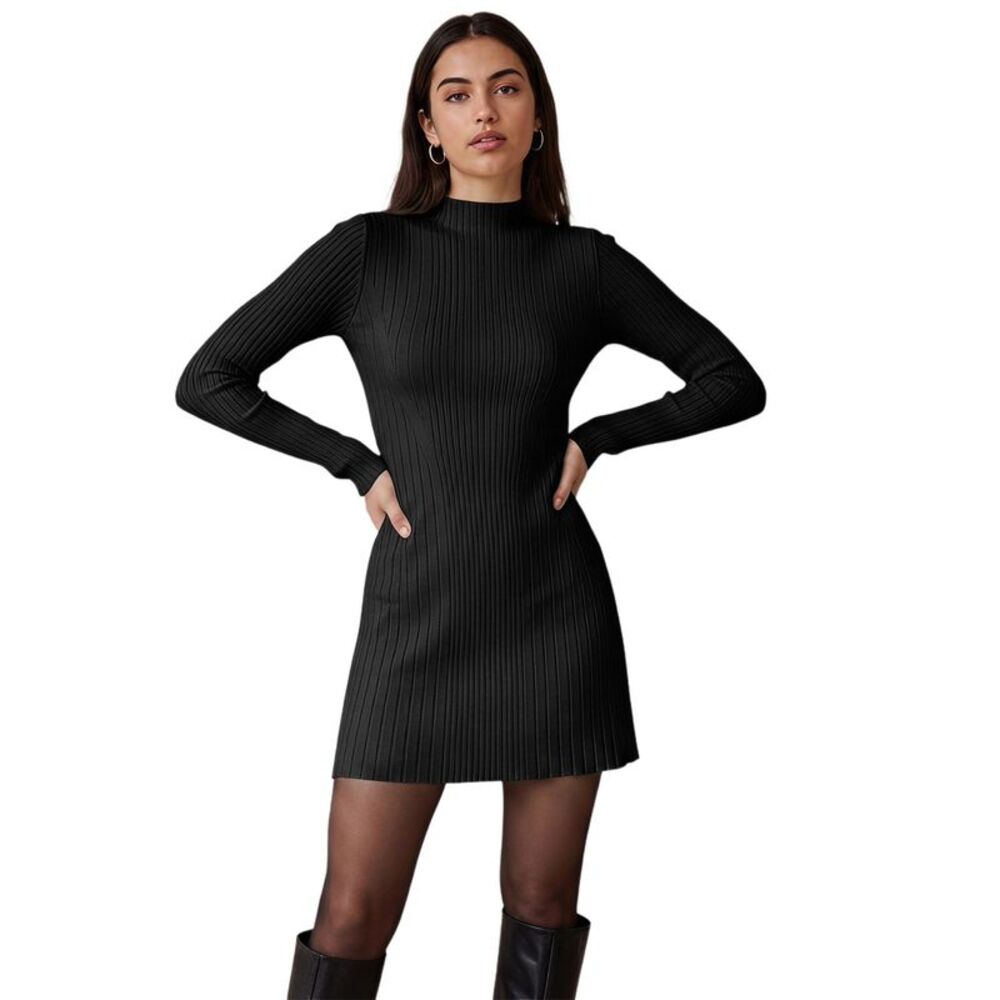 Women's Mock Neck Ribbed Knit Long Sleeve A-Line Mini Dress Black